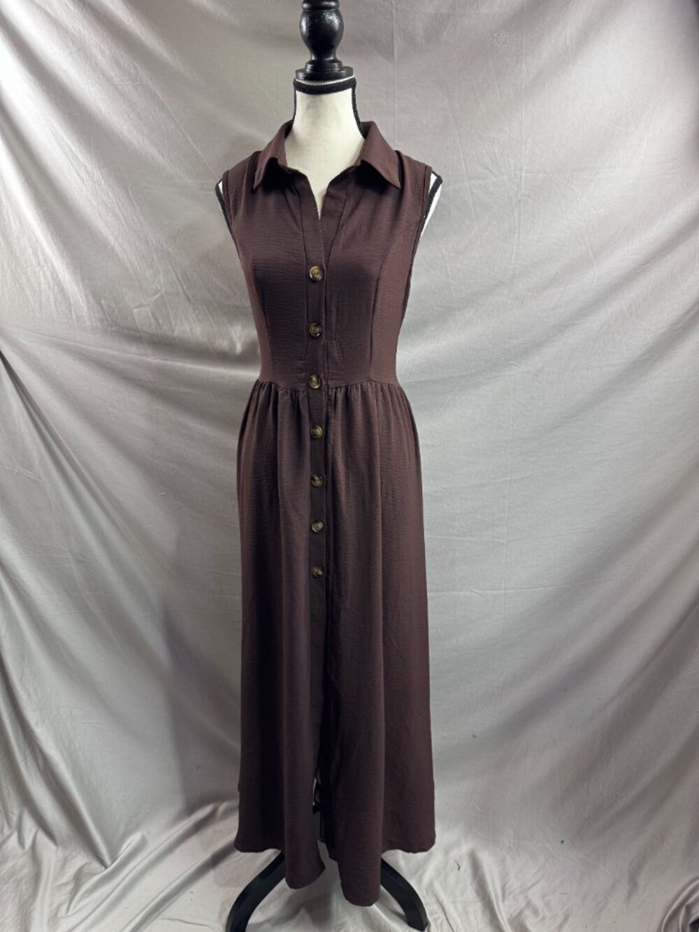 Rich Espresso Brown Button-Down A-Line Maxi Dress | Sleeveless Notch Collar - Picture 8 of 9